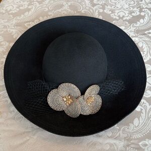 John Callanan 100% Wool Hat Black Featuring Satin Roses & Lace Champagne Color
